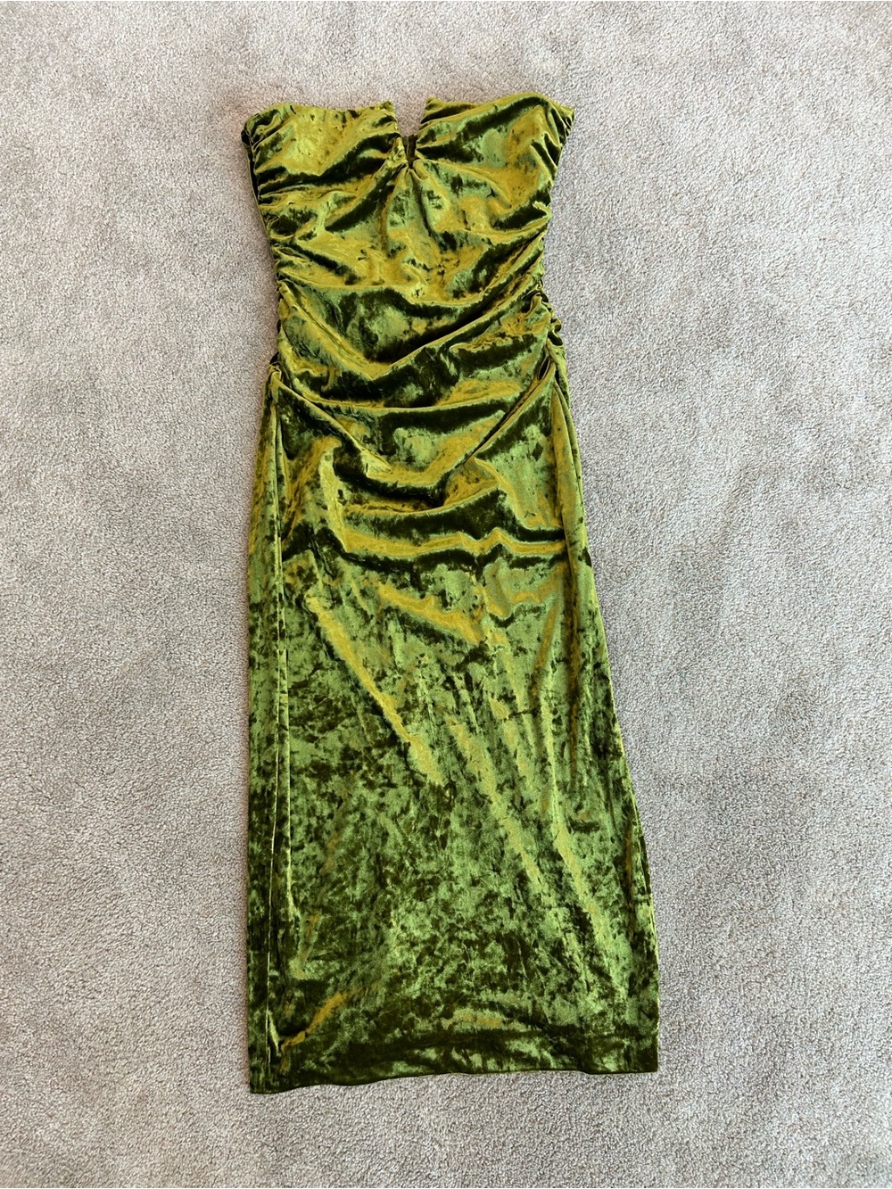 ZARA Olive Green Crushed Velvet Ruched Midi Dress Scarf Neck Size L NWT - Picture 6 of 16